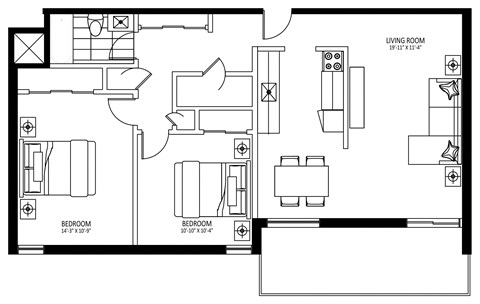 Floor plan for 2 beds, 1 bath, 911 sqft